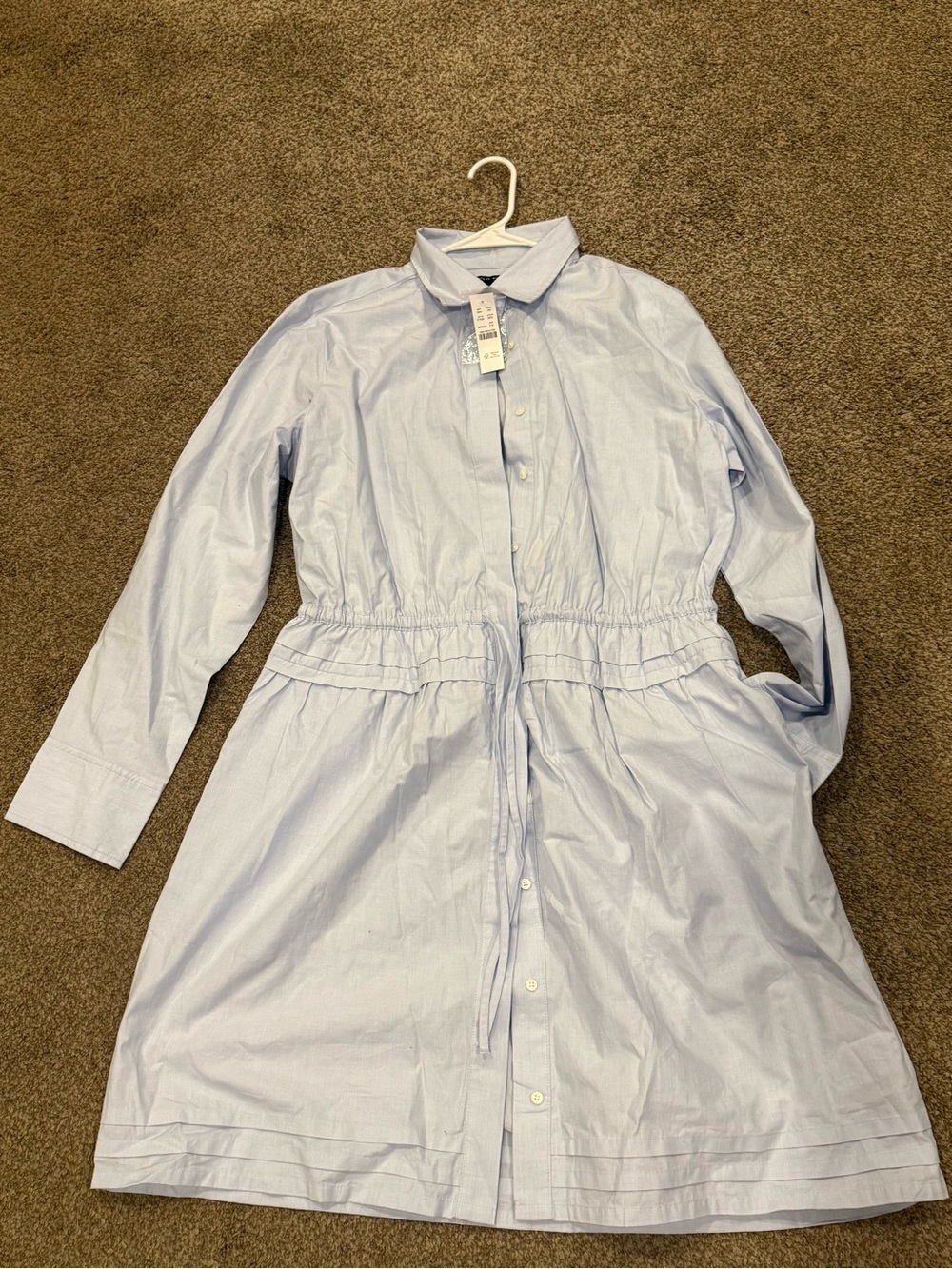 Light Blue Button-Front Shirt Dress with Drawstring Waist